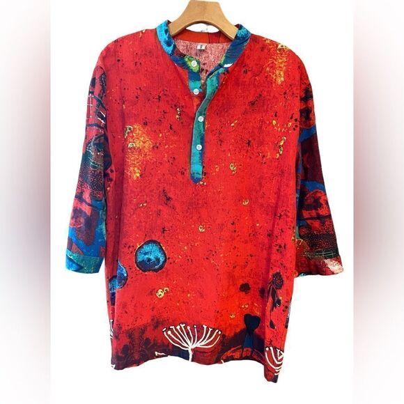 Two-Sided Red Cotton Bohemian Bali Mandarin Collar 3/4 Button Sleeve Tunic - Picture 1 of 8